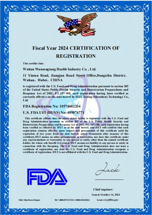 Fiscal Year 2024 Certification of Registration for Wuhan Wansongtang Health Industry Co., Ltd. with FDA logo.