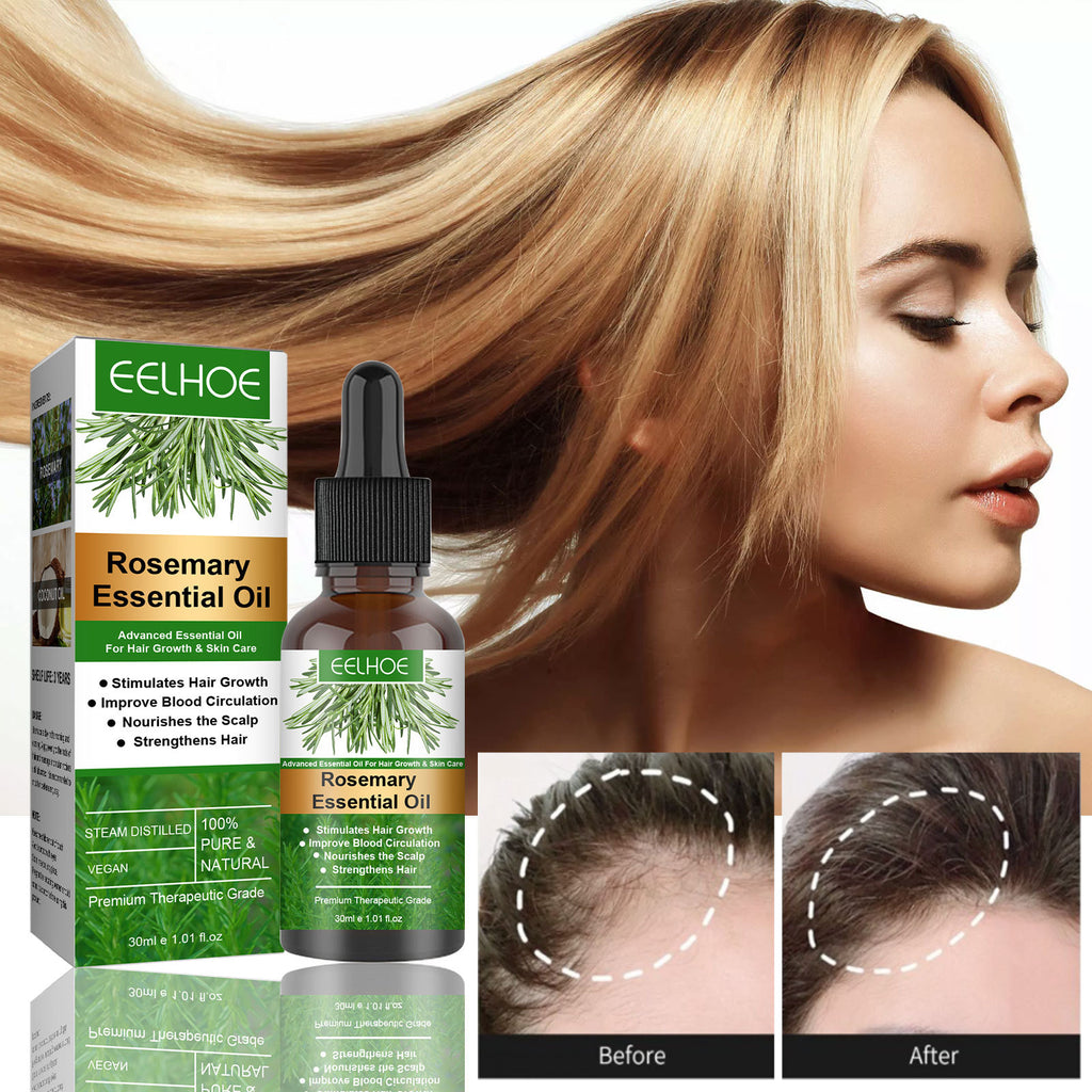 Eelhoe Rosemary Essential Oil with packaging and before-and-after hair growth images.