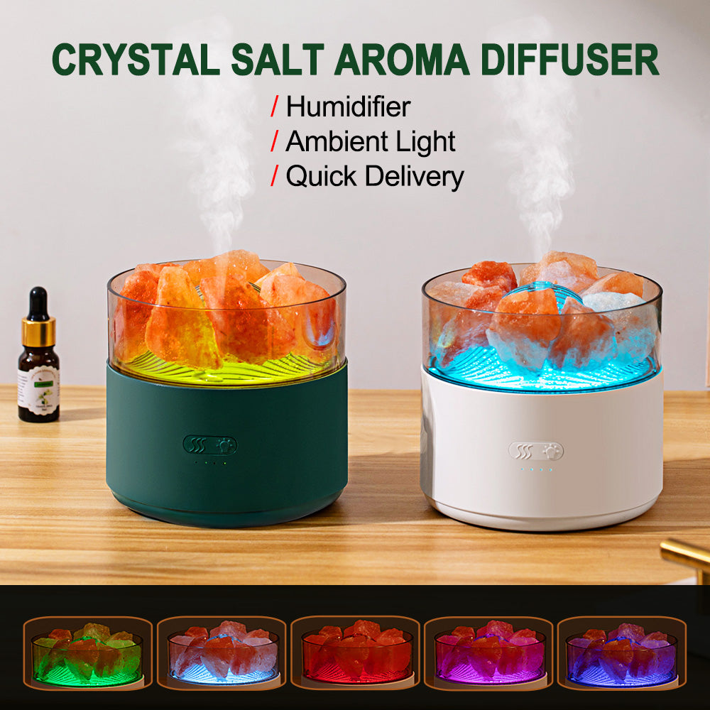 Crystal salt aroma diffuser with colorful lights on a wooden surface