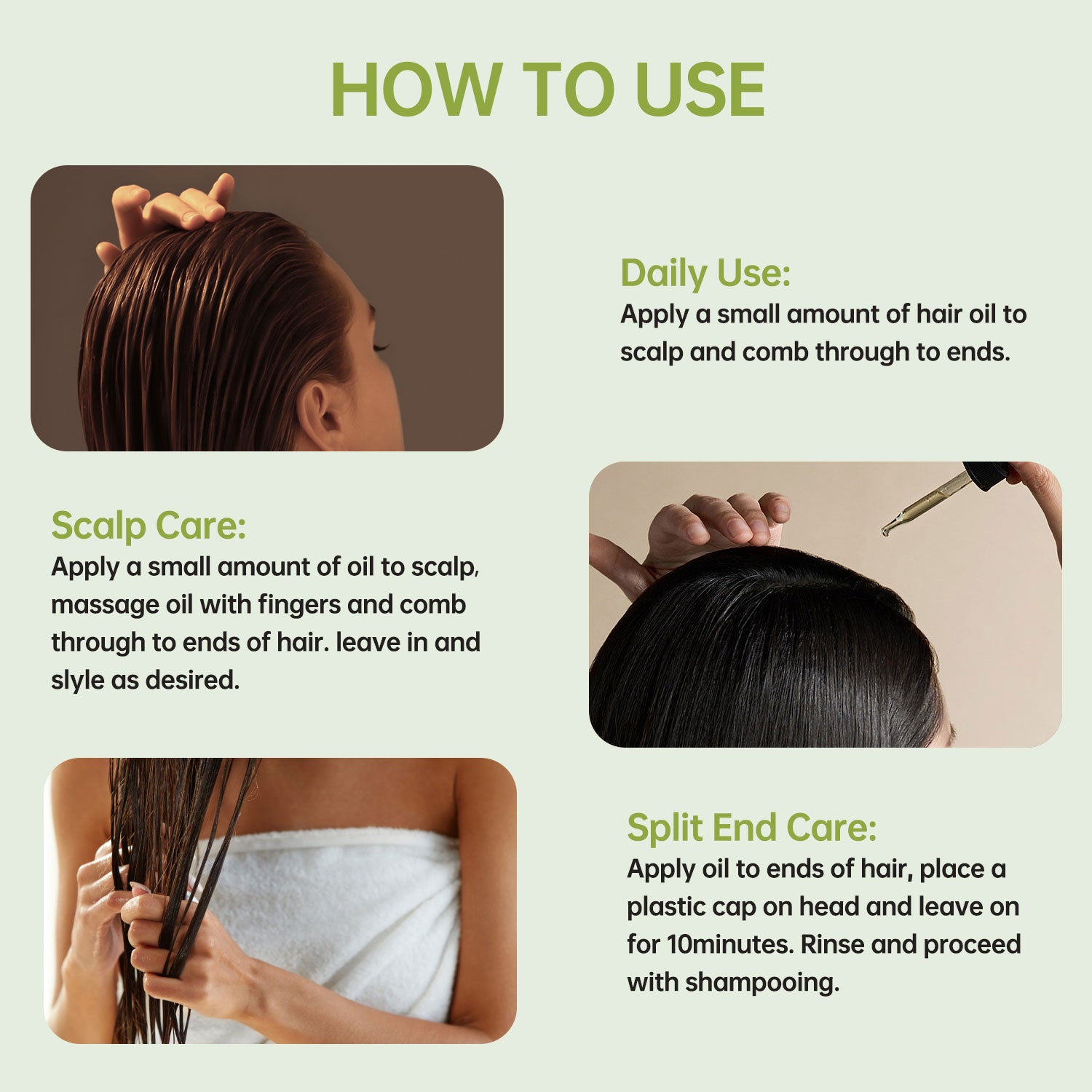 Instructions on how to use hair care products with images of a person applying oil to their hair.