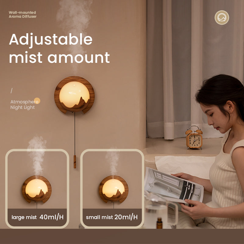 Aroma diffuser with adjustable mist amount feature, woman reading newspaper in background
