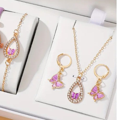 Jewelry set with gold and pink butterfly-themed earrings and necklace on a white background