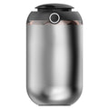 Silver and black cylindrical device on a white background