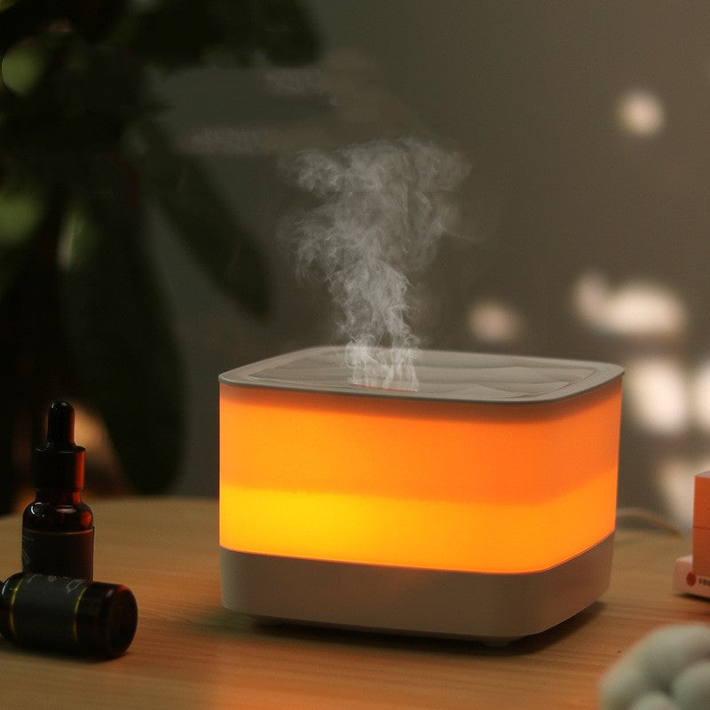 Humidifier emitting steam on a wooden surface with a blurred background
