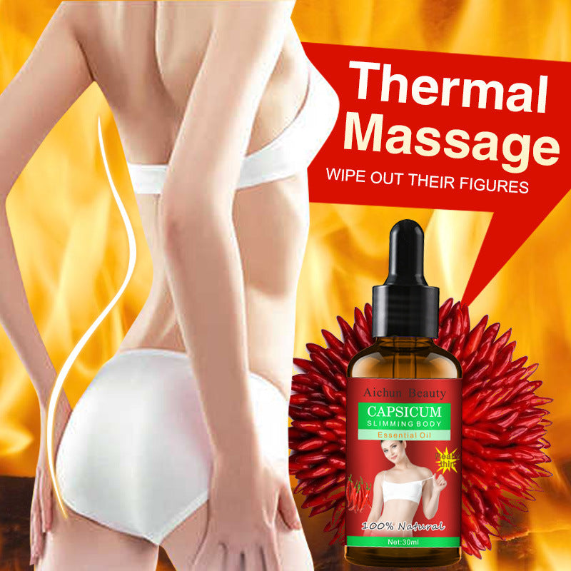 Product advertisement for a capsaicin-based slimming body drop with a woman in white underwear on an orange background.