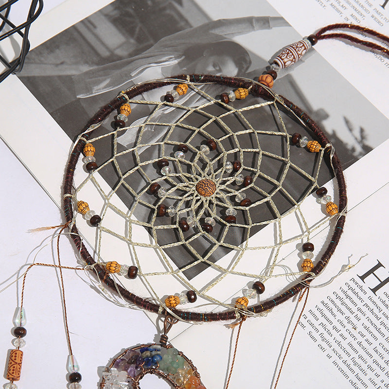 Dreamcatcher with beads and feathers on a magazine page