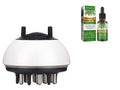 White and black scalp massager with Elchoc rosemary essential oil packaging and bottle on a white background