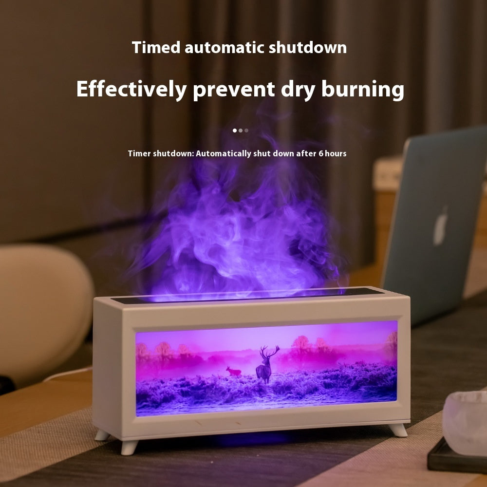 Tabletop fire pit with digital display on a table, featuring text about timed shutdown.