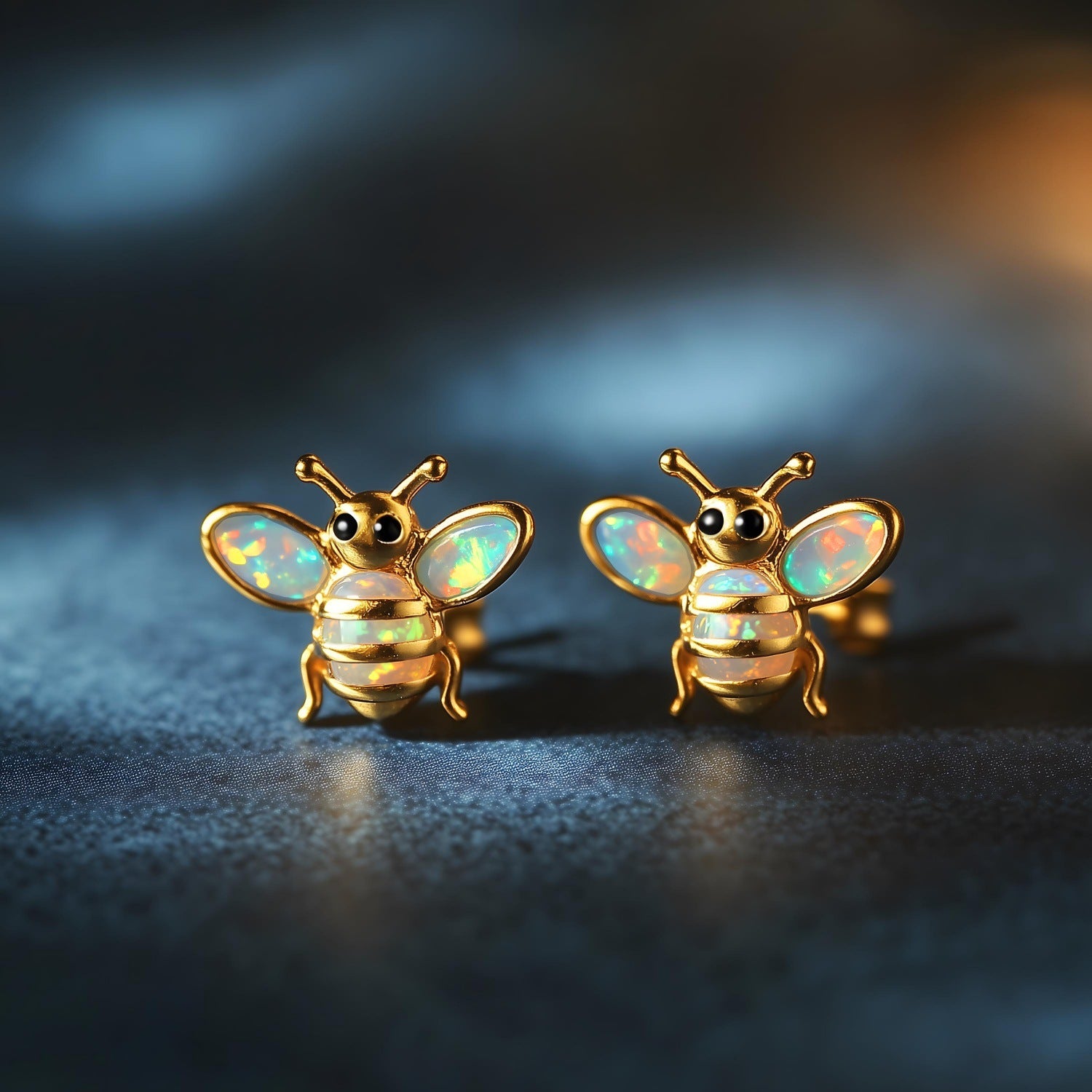 Gold bee-shaped earrings with opal-like wings on a dark textured surface