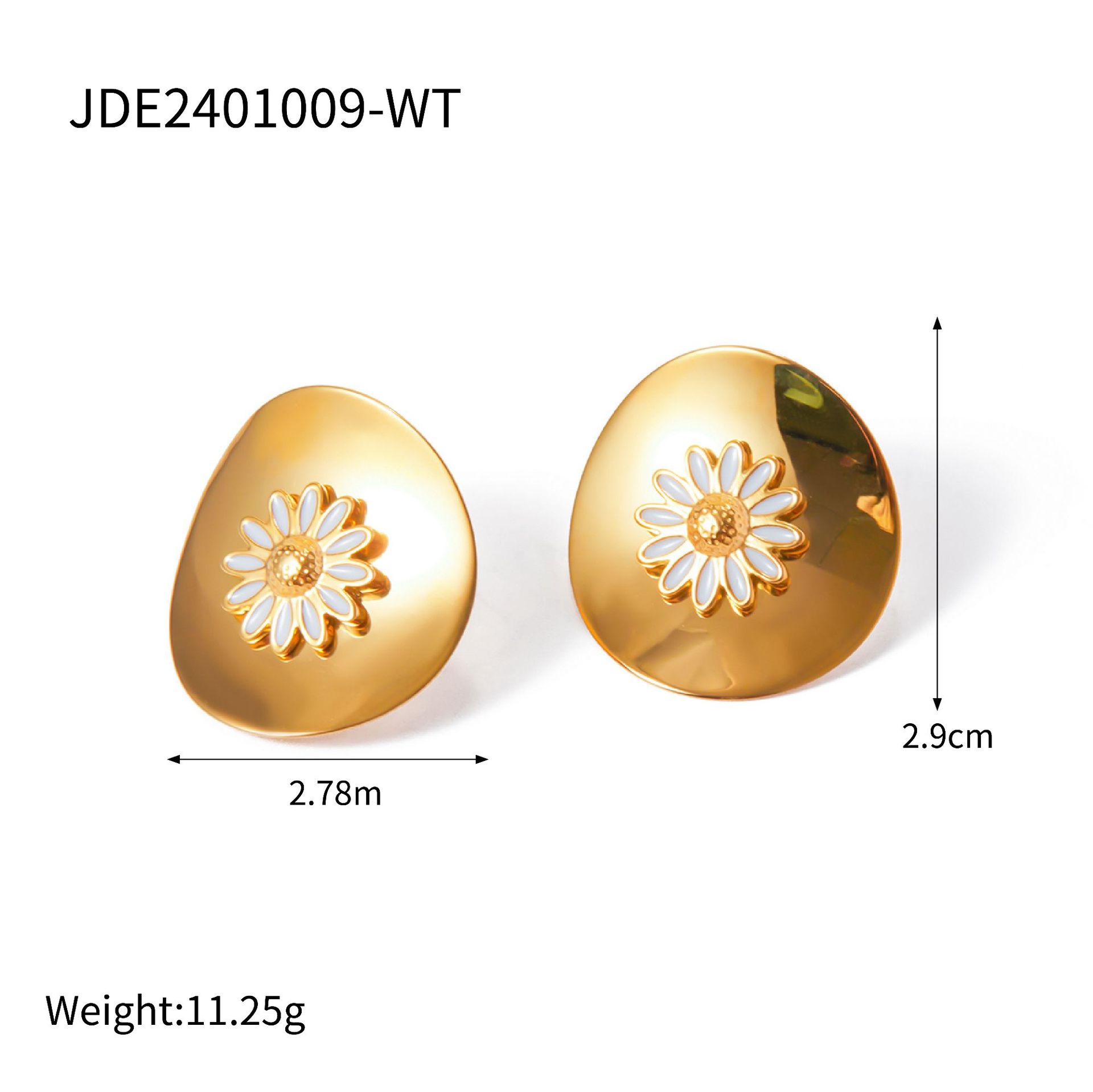 Gold earrings with floral design on a white background, showing measurements and weight.