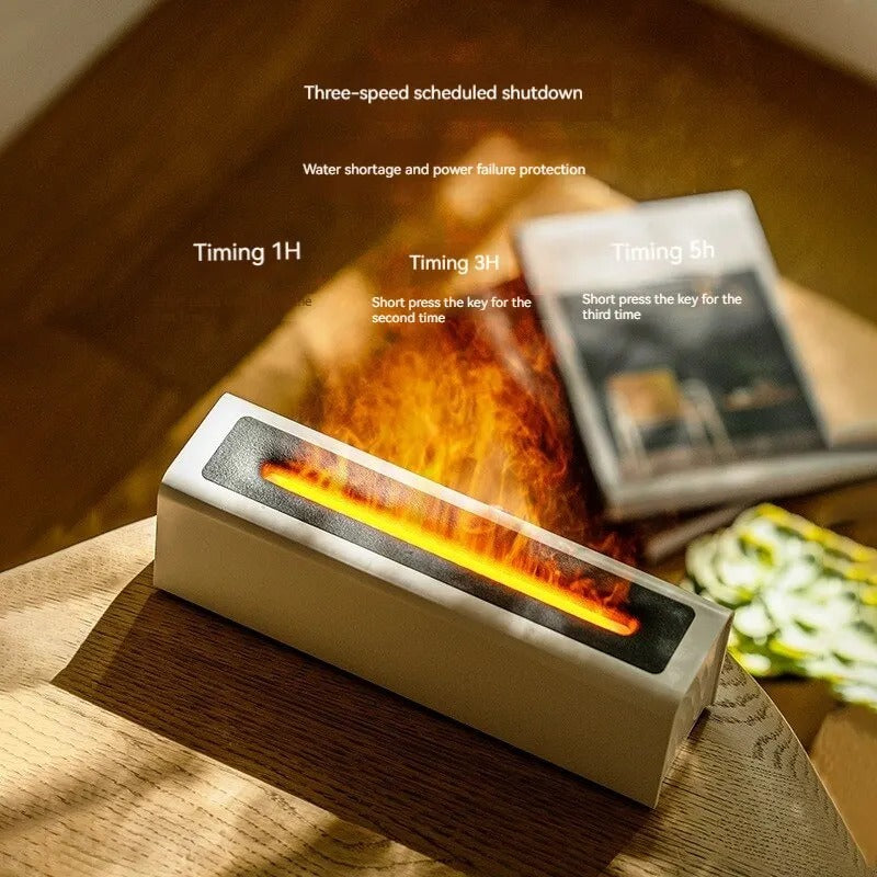 Small fire pit with flames on a wooden surface, showing timing options and product details.