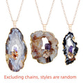 Three agate pendant necklaces on gold chains with a white background.
