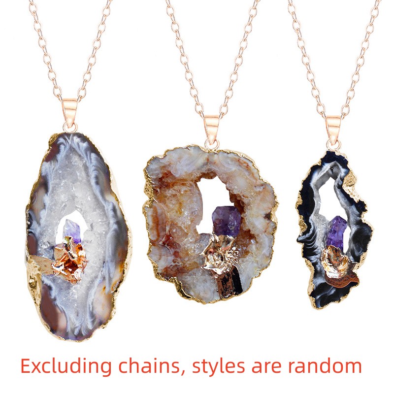 Three agate pendant necklaces on gold chains with a white background.
