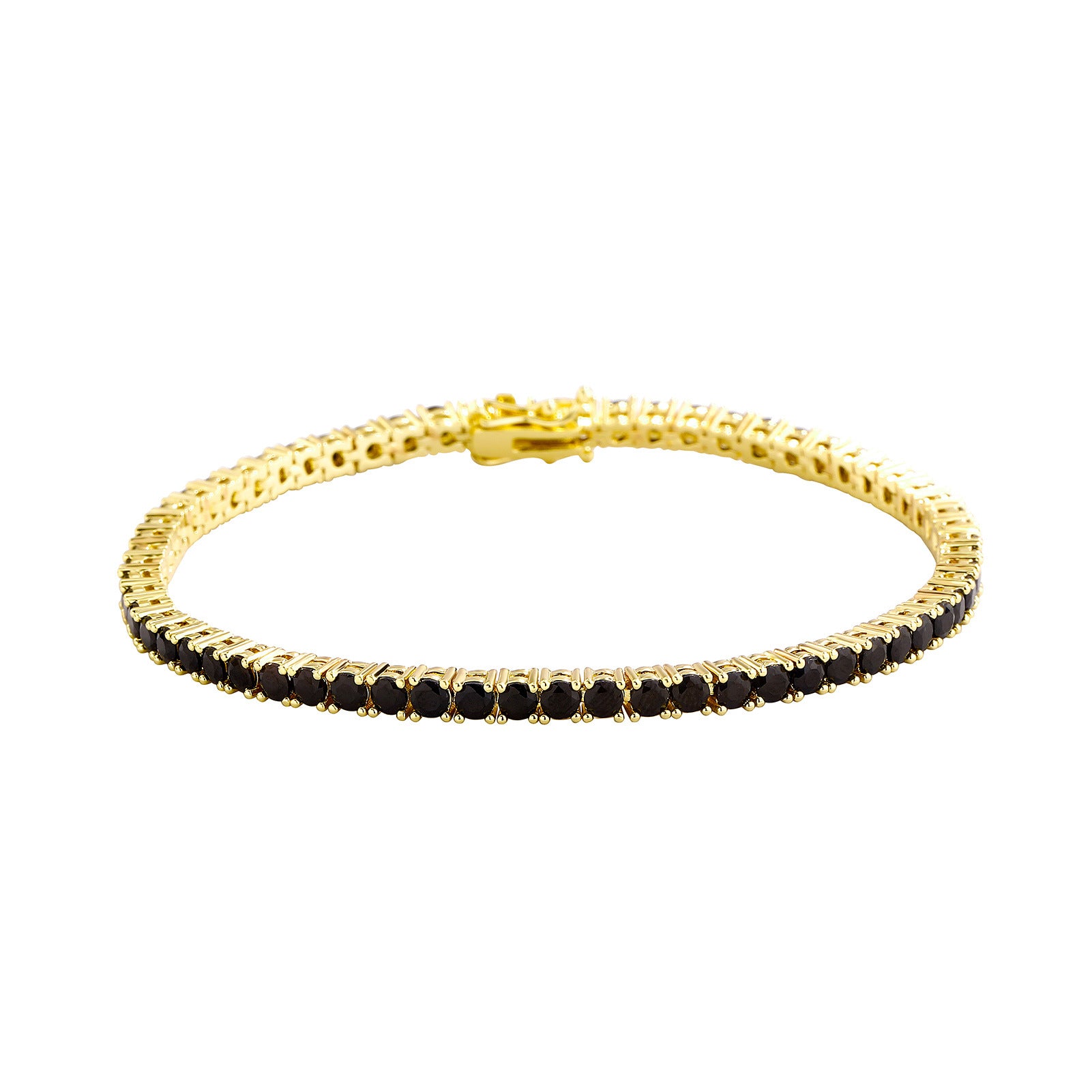 Gold bracelet with black stones on a white background