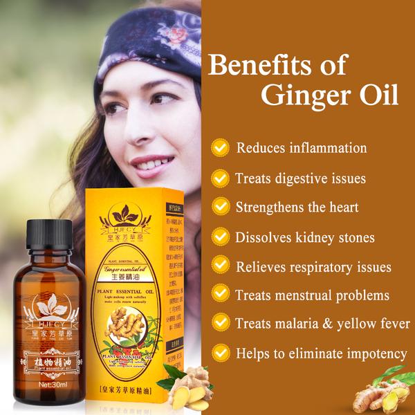Ginger oil product with benefits listed on a brown background