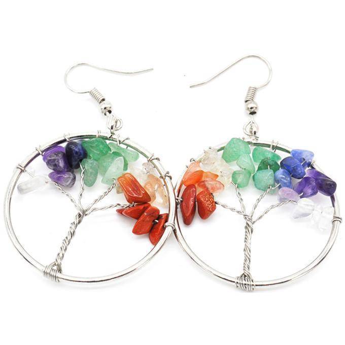 Tree-shaped earrings with colorful stones on a white background