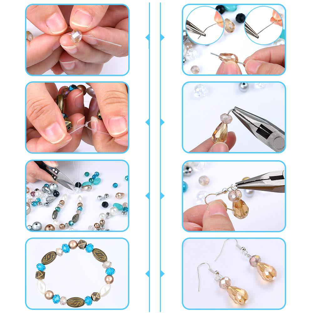 Step-by-step process of making jewelry with beads and tools.