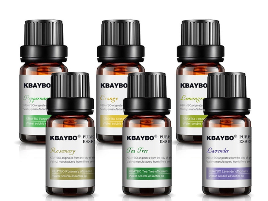 Set of KBAYBO essential oil bottles on a white background