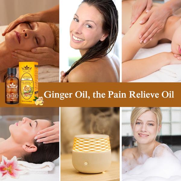 Collage of people receiving massages and a ginger oil product with text 'Ginger Oil, the Pain Relieve Oil'.