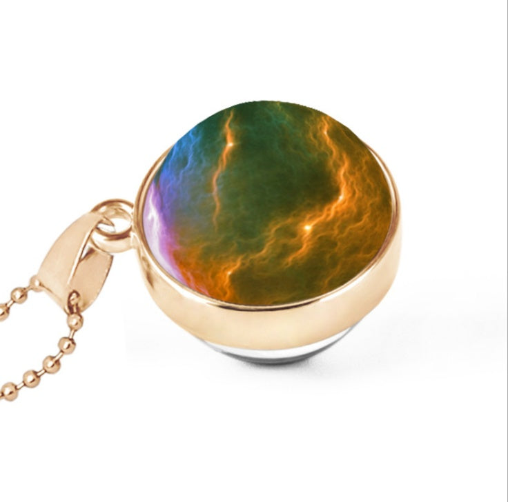 Multicolored pendant with gold chain on a white background