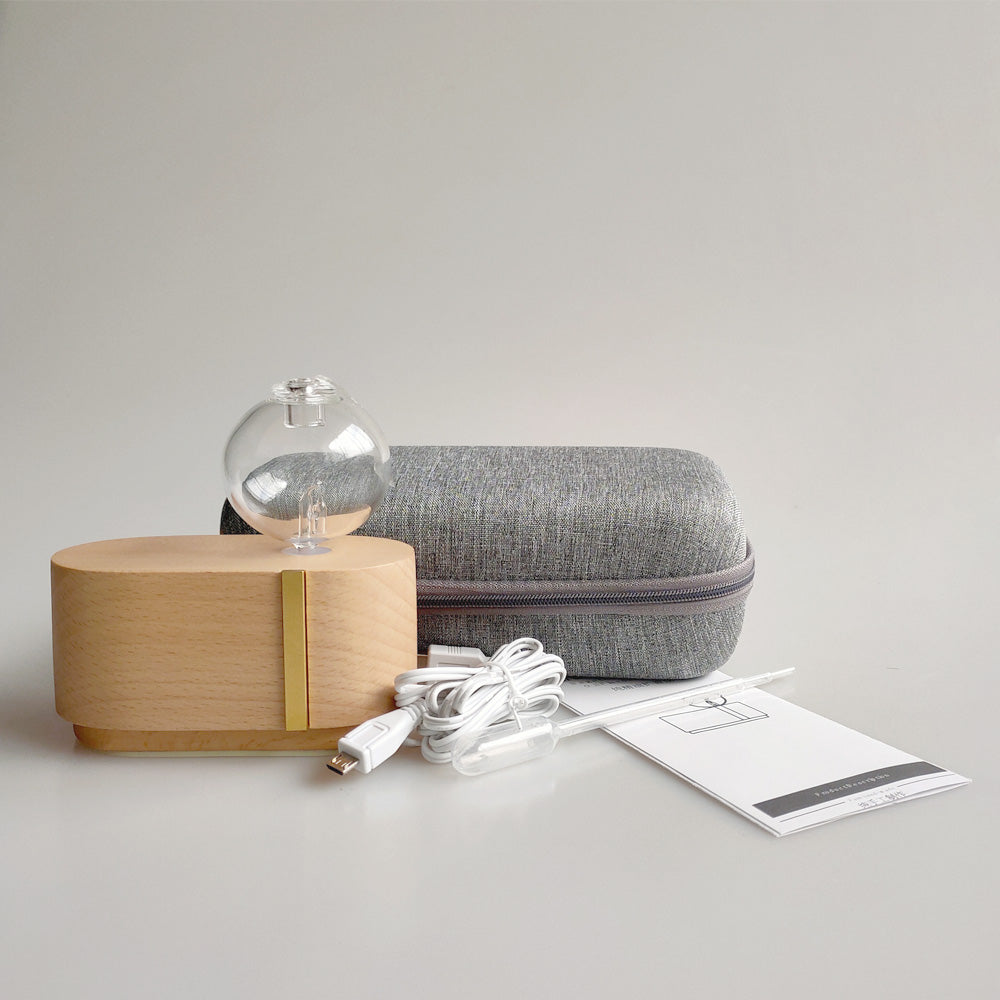 Wooden device with a glass bulb and gray carrying case on a light gray background