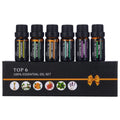 Set of 6 essential oil bottles with their names on a black box labeled 'Top 6 100% Essential Oil Set'.
