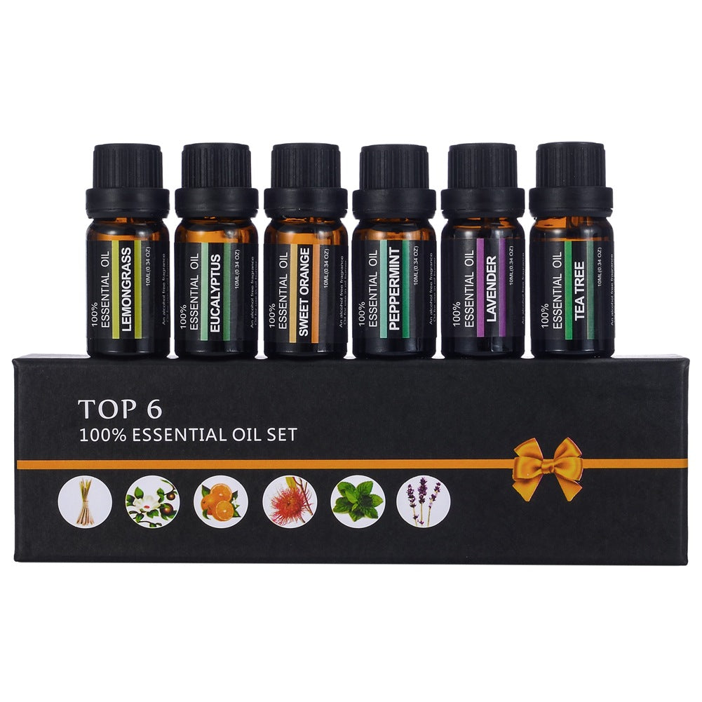 Set of 6 essential oil bottles with their names on a black box labeled 'Top 6 100% Essential Oil Set'.
