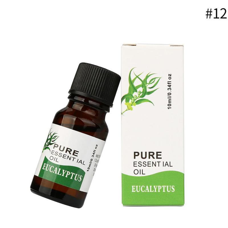 Bottle and box of pure essential oil with eucalyptus label on a white background