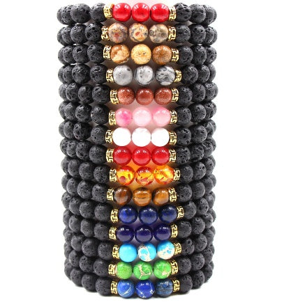 Stack of colorful beaded bracelets with a black base