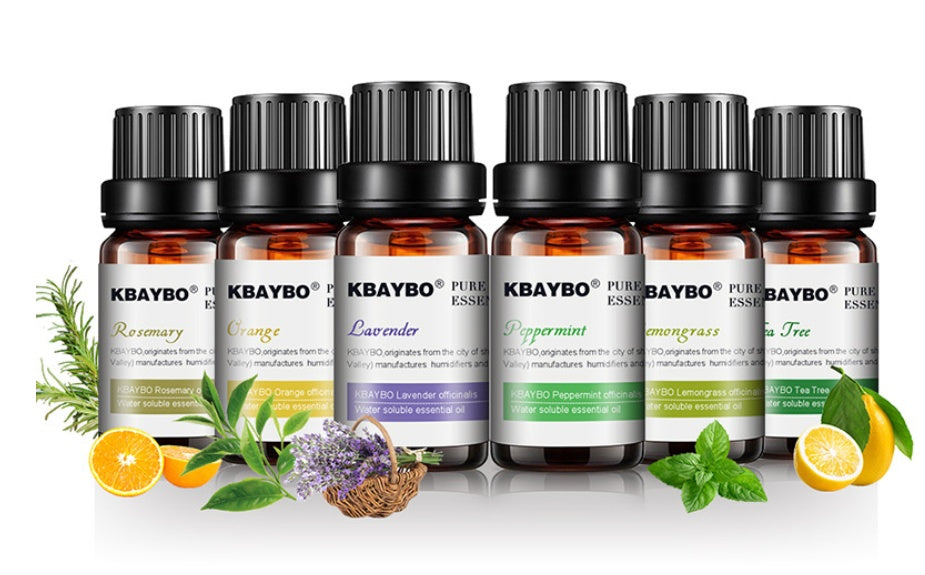 Set of Kbaybo essential oil bottles with labels on a white background