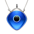 Blue and silver pendant necklace on a white background