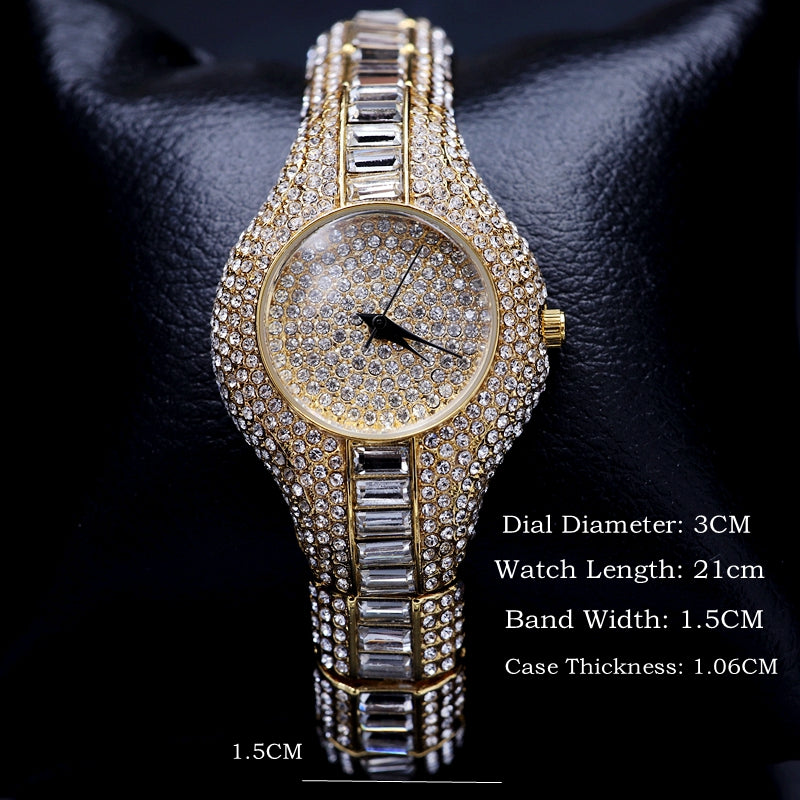 Luxury diamond-studded watch with detailed specifications on a dark background