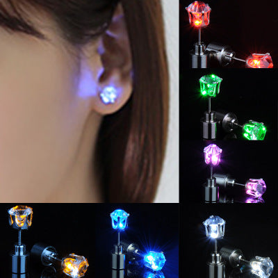 LED earrings with colorful lights worn by a person, shown close-up and in multiple angles.