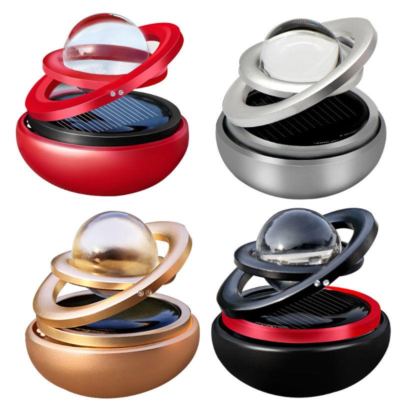 Four solar-powered ring light devices in red, silver, gold, and black on a white background.
