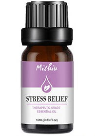 Essential oil bottle labeled 'Stress Relief' by Mishu on a white background