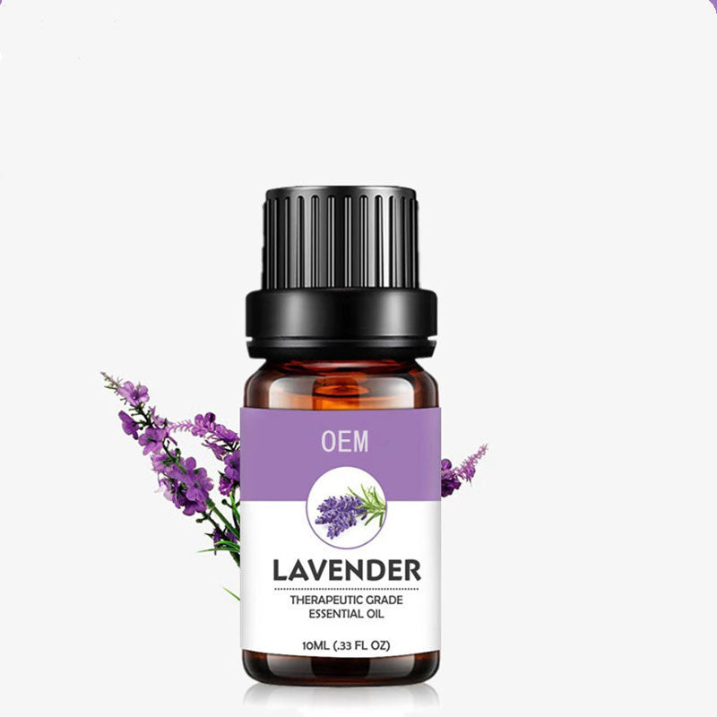 Lavender essential oil bottle with a purple label on a white background