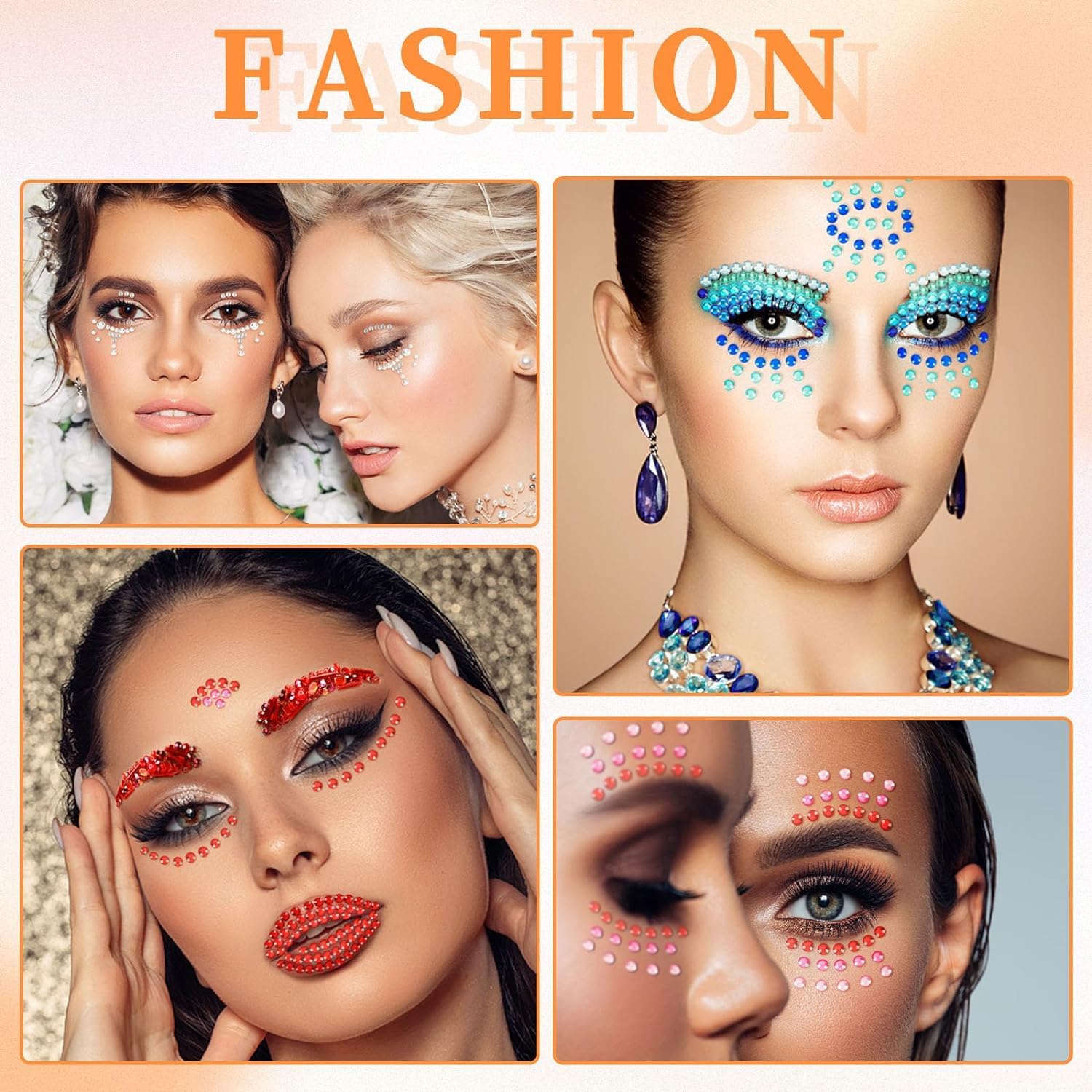 Collage of women with decorative face gems and jewelry, labeled 'Fashion'.