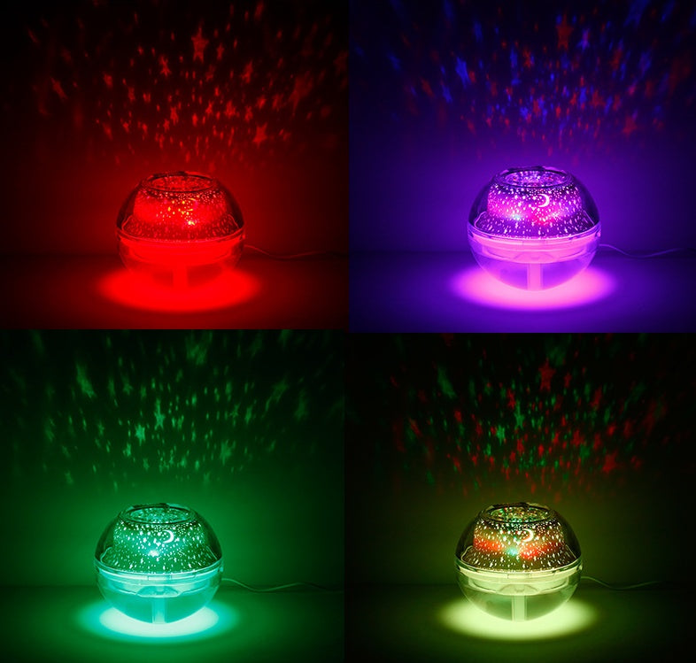 Color-changing LED light bulb with starry sky projection effect on a dark background.