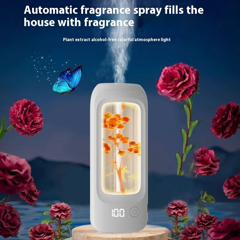 Automatic fragrance spray with flowers and butterfly on a dark blue background