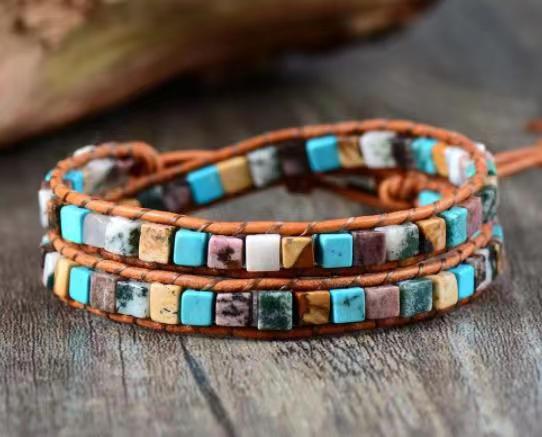Multicolored beaded bracelet on a wooden surface