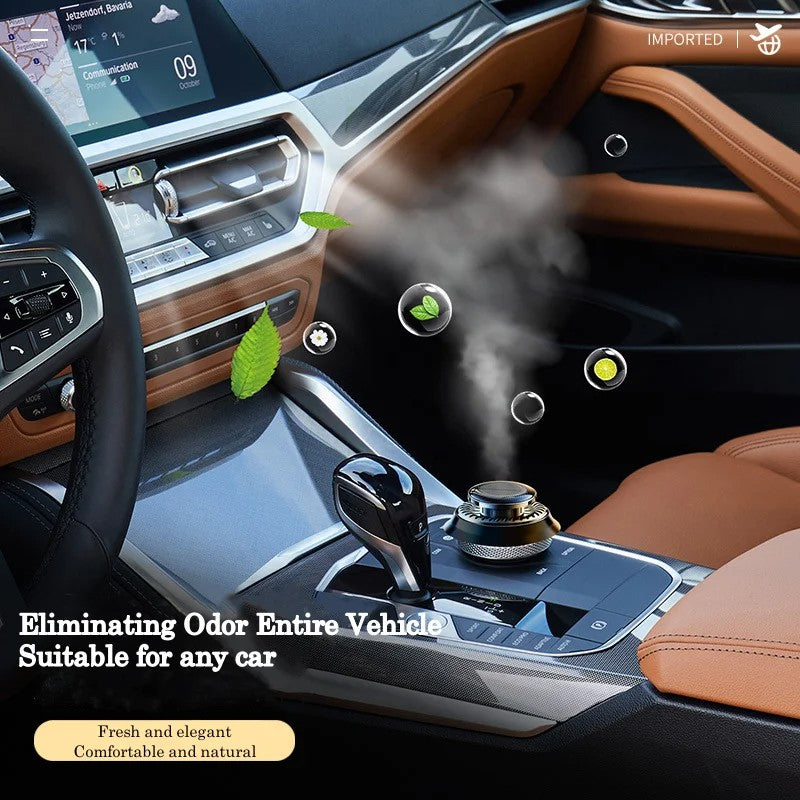 Car interior with a dashboard air freshener emitting steam, featuring text about odor elimination.