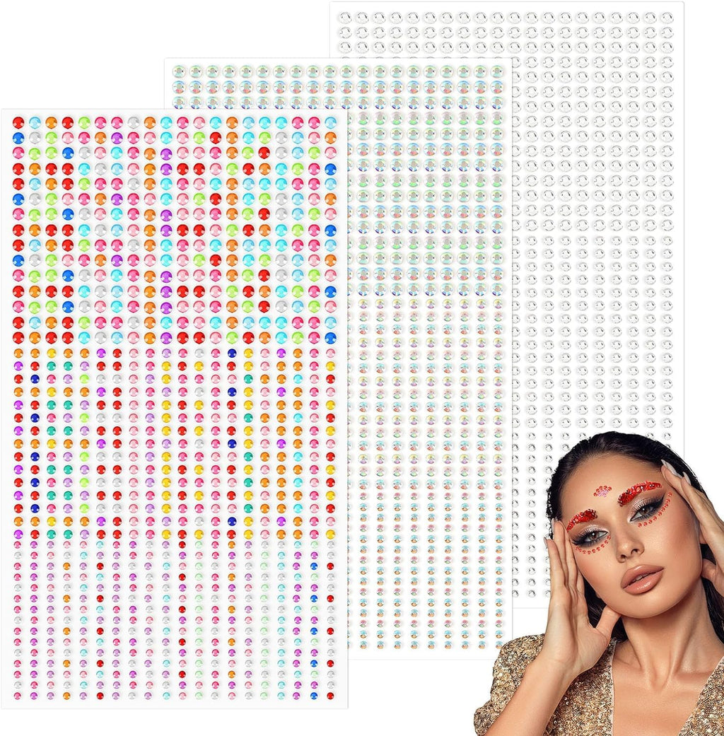 Woman with colorful makeup in front of a grid of multicolored dots