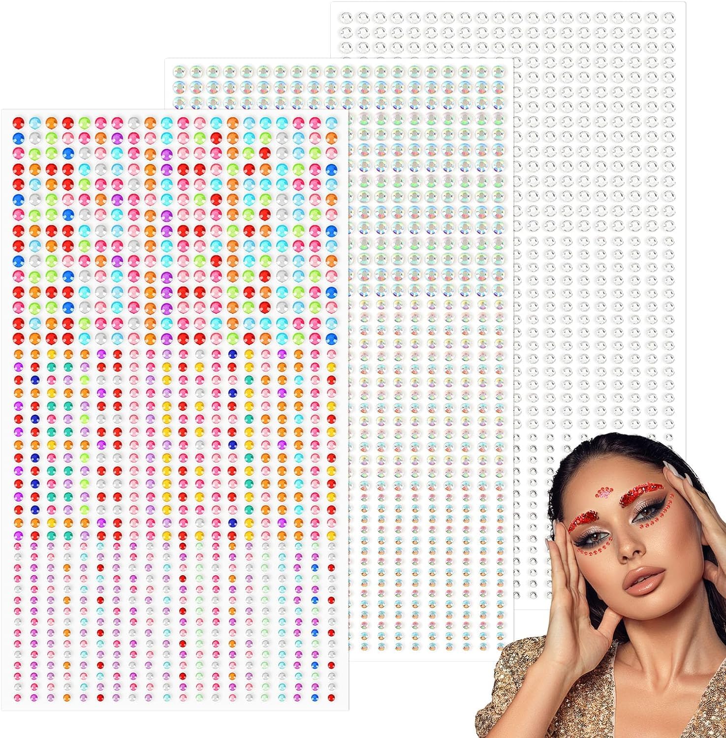 Woman with colorful makeup in front of a grid of multicolored dots