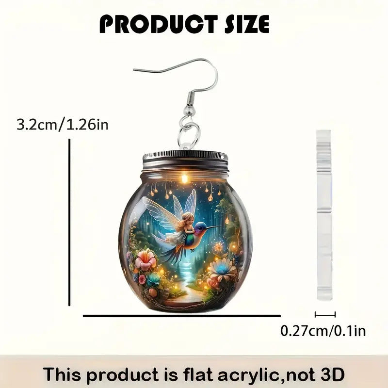 Earring with fairy design in a jar, shown with measurements on a white background