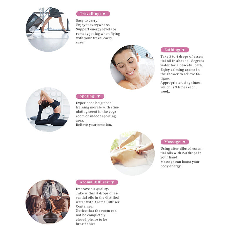 Promotional flyer for essential oils with lifestyle images and usage instructions.