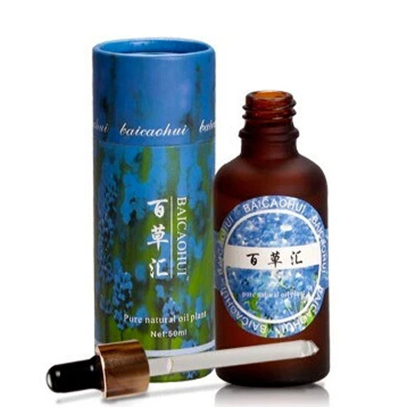 Bottle and packaging of BAICAOHUI natural oil plant on a white background