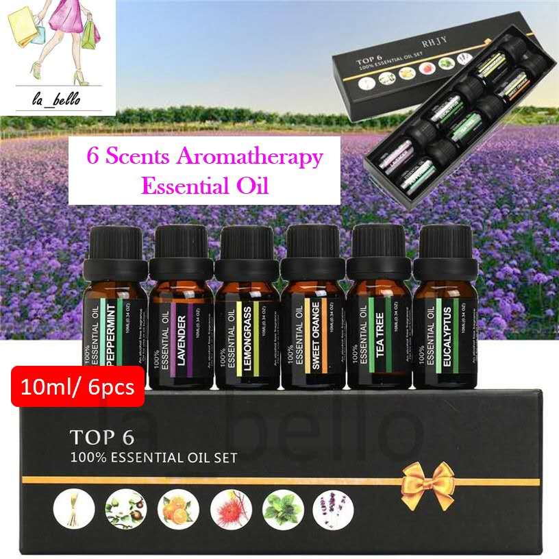 Set of 6 aromatherapy essential oil bottles with a black box labeled 'Top 6' on a lavender field background.
