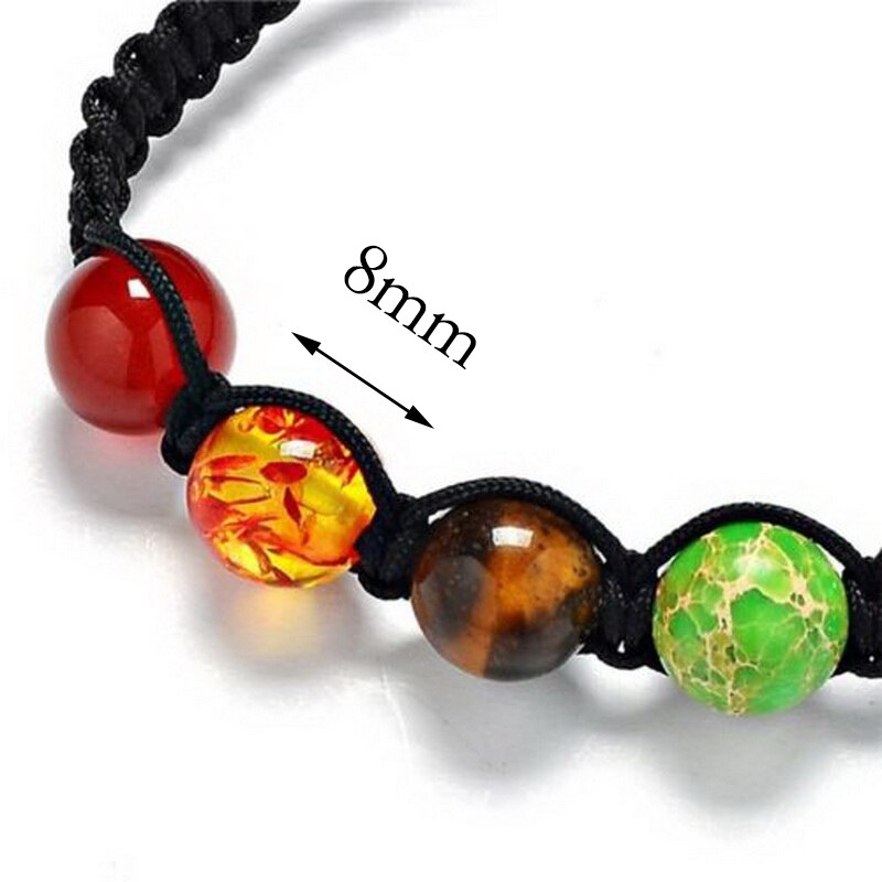 Bracelet with colorful beads and a measurement label on a white background
