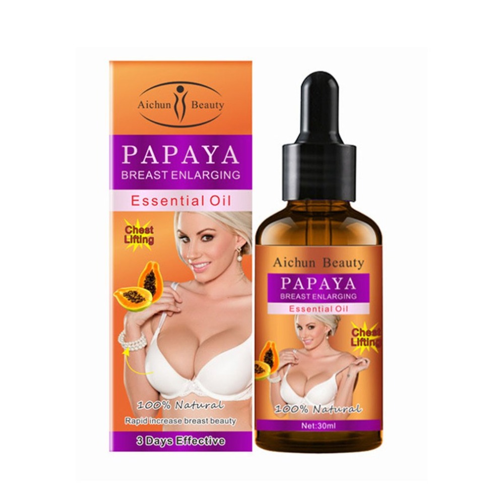 Papaya breast enlarging essential oil bottle and packaging with Aichun Beauty branding on a white background.