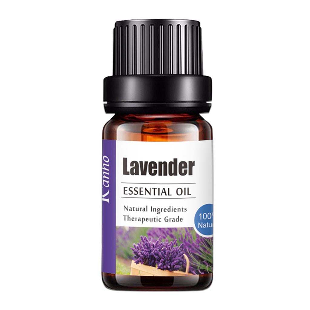 Lavender essential oil bottle with a white label on a white background
